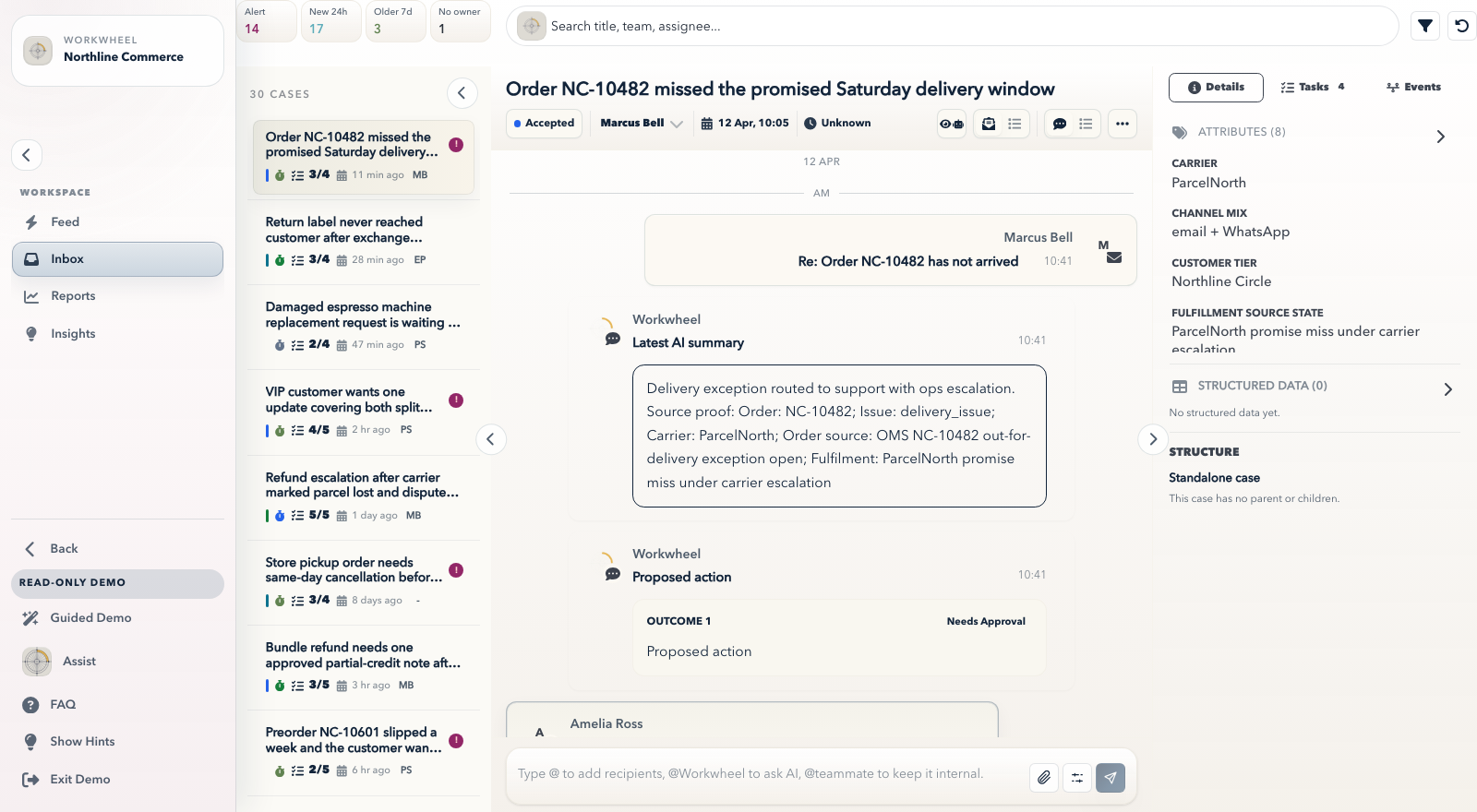 Workwheel inbox view showing a shared queue, case detail, messages and next actions.