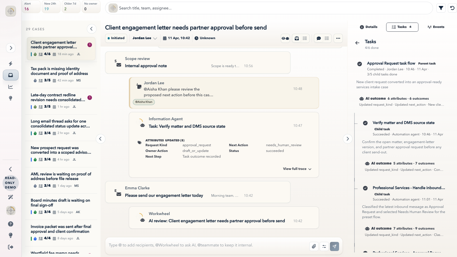 Workwheel professional services demo showing an engagement-letter case with tasks open.